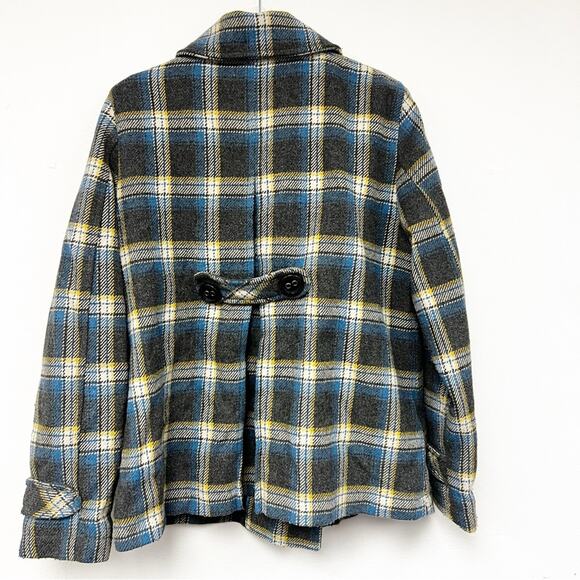 SZ XL Aeropostale Plaid Short Wool Blend Trench Blue Gray Yellow - Picture 5 of 7